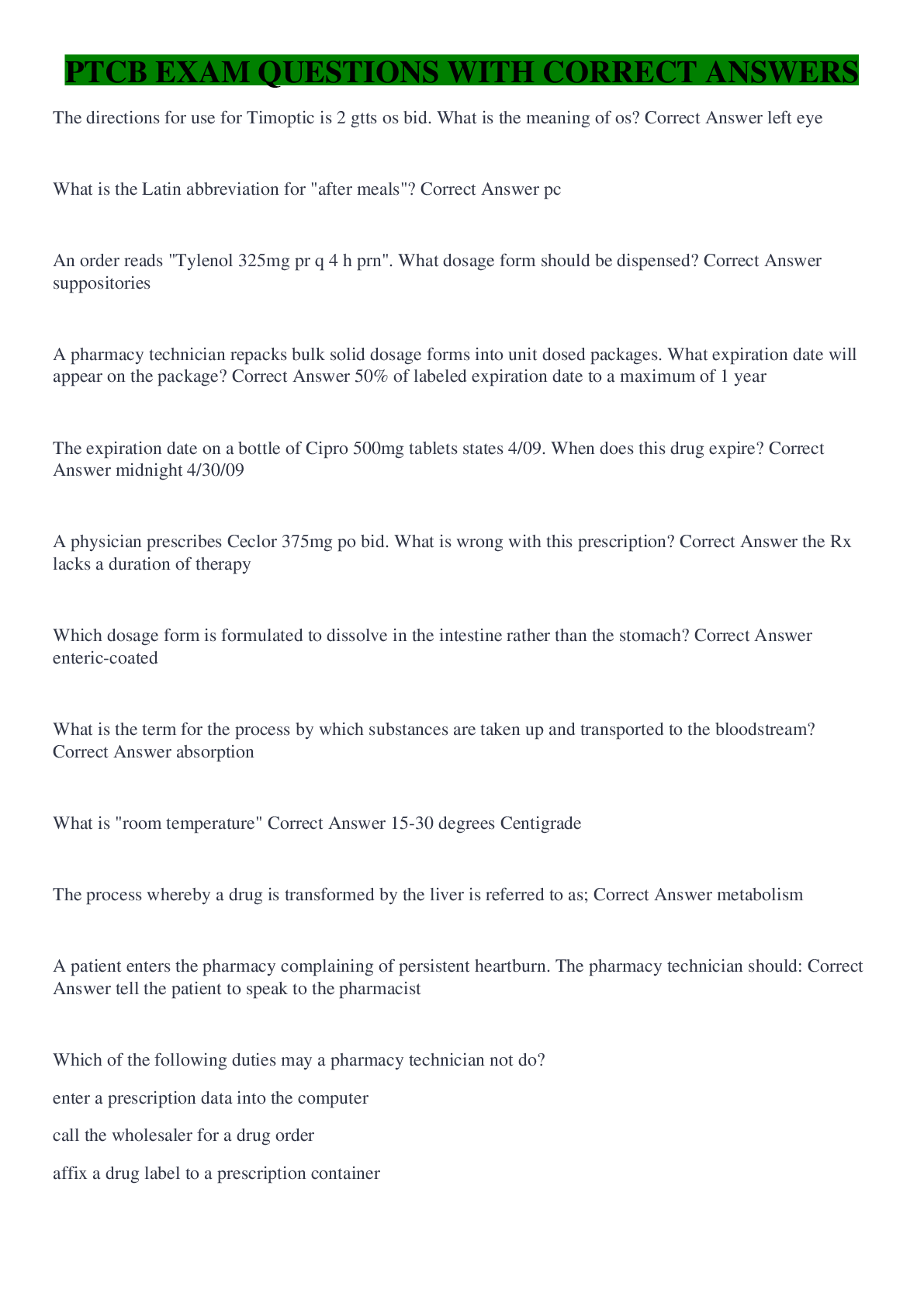 Preview image for PTCB EXAM QUESTIONS WITH CORRECT ANSWERS
